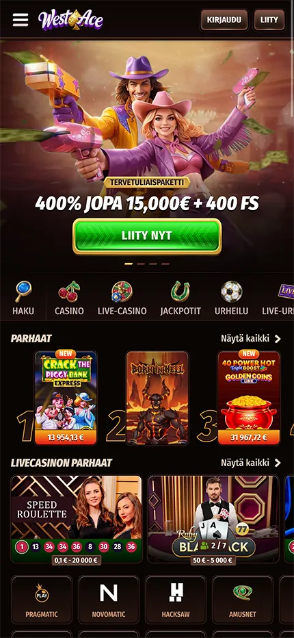 WestAce Casinon etusivu tietokoneella, jossa on lännenteemainen tervetuliaisbonusbanneri ja pelivalikko.