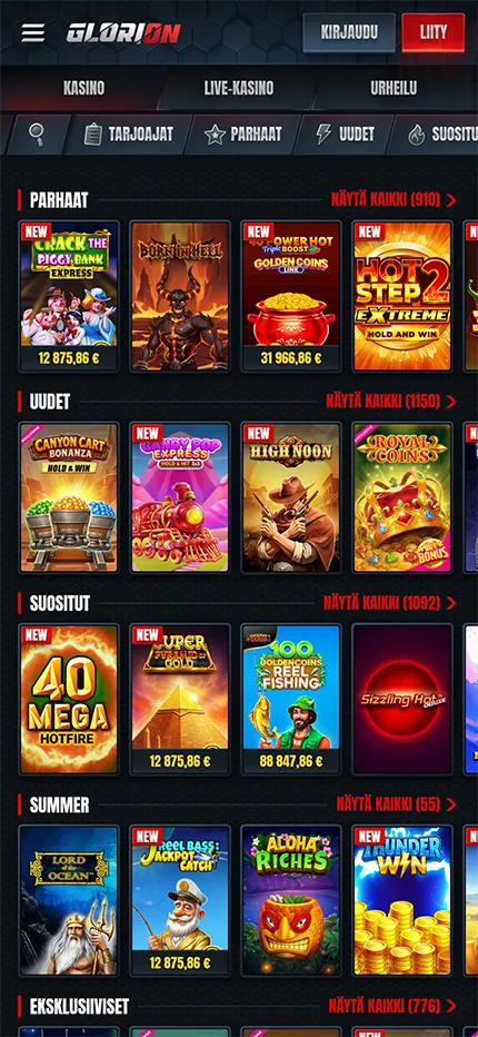 Glorion Casinon peliaula työpöytänäkymässä, jossa on eri pelikategorioita ja valikoima uusia sekä suosittuja kolikkopelejä.